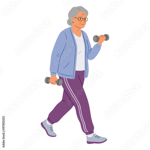 An elderly woman walks while exercising with dumbbells in her hands.