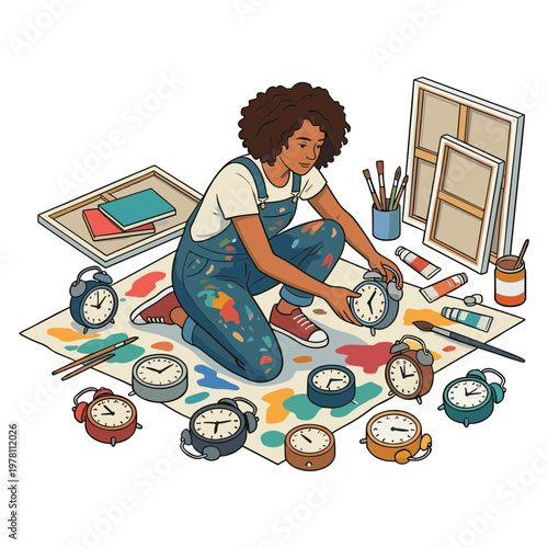 A woman in overalls paints and repairs multiple watches on a colorful canvas floor indoors.
