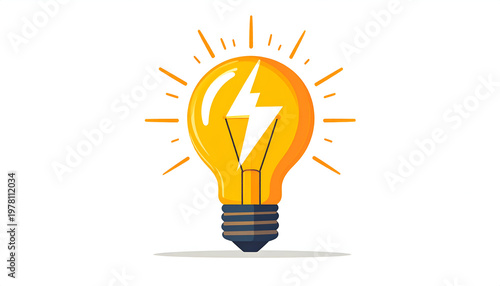 Yellow light bulb with lightning bolt inside radiates energy for innovative ideas