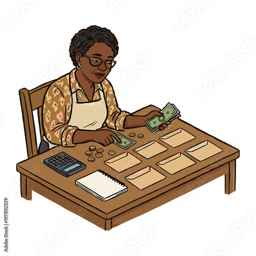 A woman sitting at a table counting money with a calculator and notebook