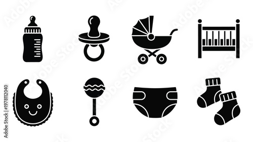 A collection of black silhouette icons representing essential baby items including feeding care and sleeping accessories high quality professional detailed modern