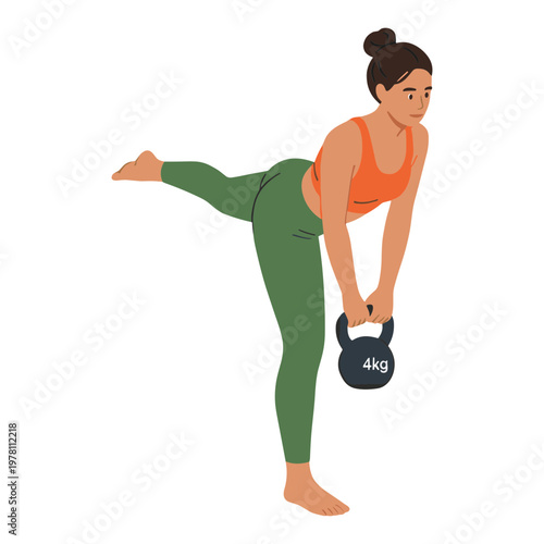 Woman performs a single-leg deadlift exercise with a kettlebell in gym