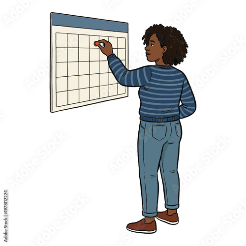 A person marks a calendar with a marker while standing