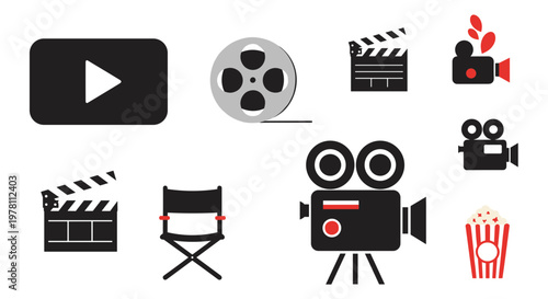 video, cinema, movie Film, cinema, movie icons, video production, filmmaking symbols isolated on White Background media, icons