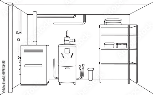 Basement Room in House Hand-drawn Sketch Drawing Vector Illustration, Line Linear Symbol Black and White Engraving, Isolated