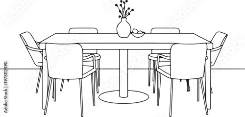 Dining Table with Chairs Hand-drawn Sketch Drawing Vector Illustration, Line Linear Symbol Black and White Engraving, Isolated