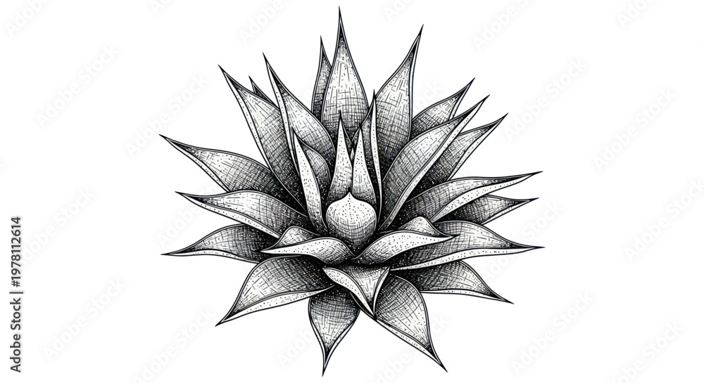 Fototapeta premium Agave Plant Drawing, Black and White Line Art, Succulent Illustration