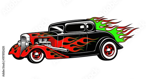 Classic Hot Rod Car with Flames Illustration