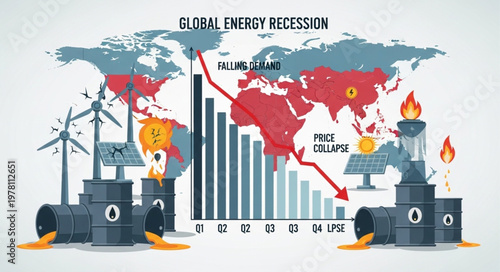 Global energy recession graph with oil barrels and wind turbines.