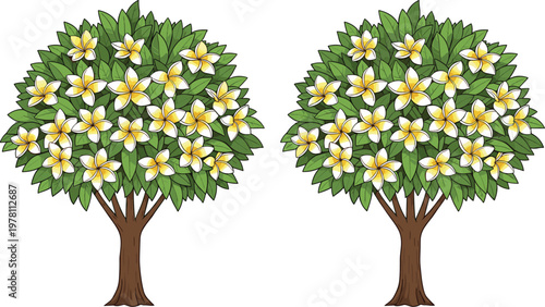 Vector illustration of two tropical frangipani trees with lush green leaves and blooming yellow plumeria flowers isolated on white background.