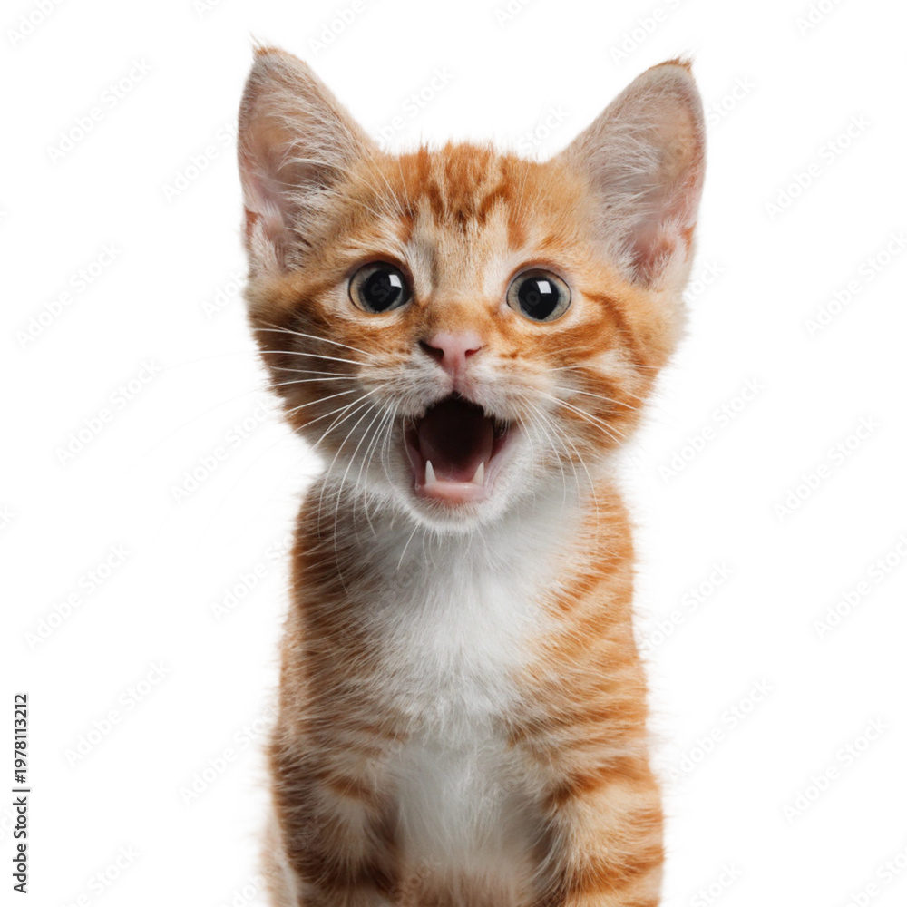Fototapeta premium Orange and white kitten with wide blue eyes looking up