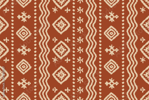Ikat seamless pattern with traditional geometric tribal motifs in warm terracotta tones, handwoven-inspired ikat seamless pattern design perfect for textile, fabric prints, wallpapers and ethnic decor