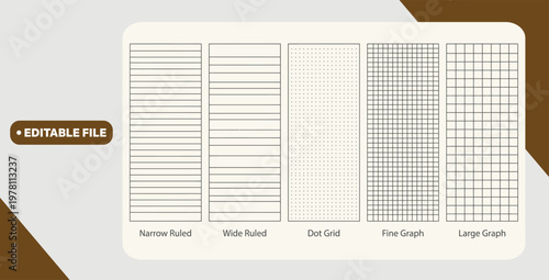 Lines paper page isolated, dots and cells notebook pattern, technical blank, grid banner set, square graph project texture, mockup template copybook, school checkered sheet backdrop - stock vector