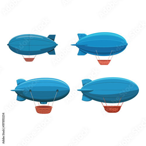 Cartoon blimp air balloon transport flying vehicle vector design with wicker basket
