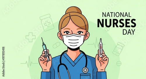 Nurse wearing protective mask holding syringe and thermometer tools