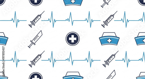 Seamless pattern with medical nurse icons and heart rate pulse lines