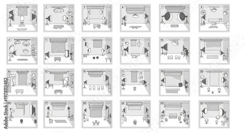 Collection of floor plan layouts for residential rooms.