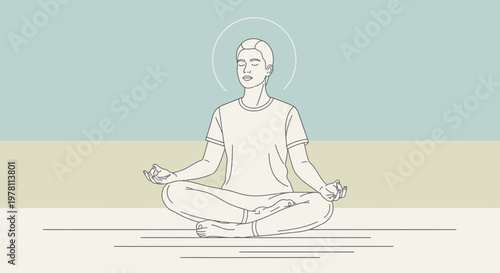 A minimalist line drawing of a man meditating in a lotus position against a pastel-colored background with a subtle halo.
