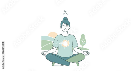 A serene young woman meditates cross-legged with hands in lap, wearing casual clothes, against a simple background with abstract shapes and a tree, conveying a peaceful mood.