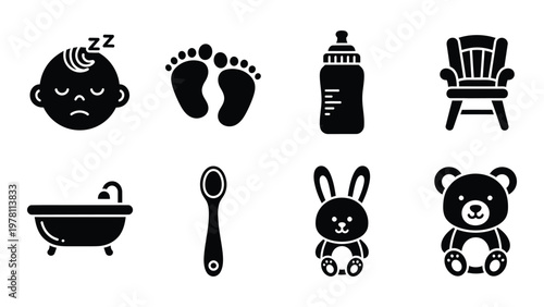 A collection of black silhouette icons representing baby essentials like sleep feeding bathing and toys high quality professional detailed modern elegant