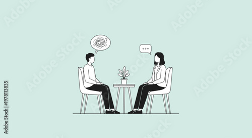 Illustration of a man and woman sitting across from each other at a small table with a plant, engaged in conversation on a light green background.