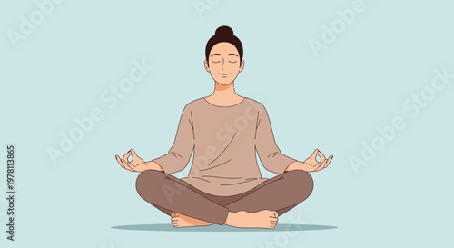 A serene woman sits cross-legged in a meditative pose against a soft blue background with her eyes closed.