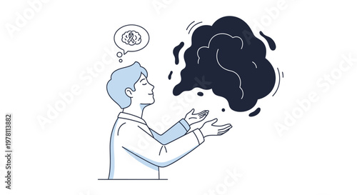 A man in a thoughtful pose with a dark cloud and a brain symbol above his head on a white background.