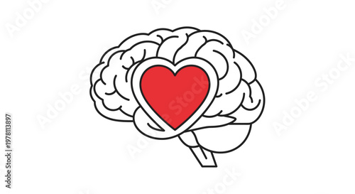 Illustration of a brain with a red heart in the center, outlined in black and white on a plain background.
