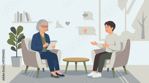 Illustration of a mature woman and a young man sitting in armchairs having a conversation in a cozy interior with a plant and bookshelves in warm beige tones.