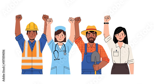 Flat Design Diverse Essential Worker Raising Fist in Solidarity Illustration