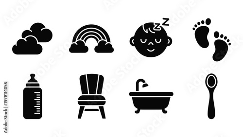 A collection of simple black silhouette icons depicts baby essentials including a sleeping infant rainbow and bath items high quality professional
