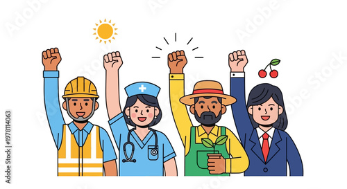 Flat Line Diverse People of Essential Worker Raising Fist Illustration