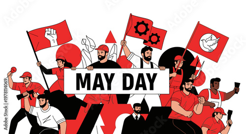 Modern Illustration of Labour Day May Day Celebration with Protest People