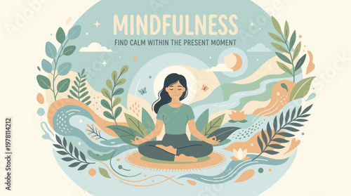 Illustration of a serene woman meditating in lotus position surrounded by plants and leaves with a calming mindfulness theme.