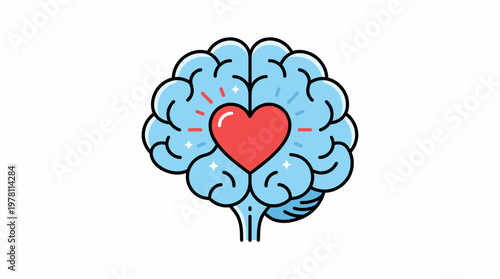 A cartoon illustration of a blue brain with a red heart in the center on a white background.