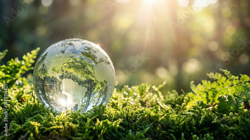 A glass globe of the Earth against a backdrop of green moss and sunlight. The background is dedicated to sustainability and nature, with space for text. Earth Day 2026               