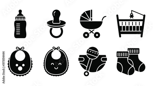 A collection of black silhouette icons depicting essential baby items like bottles strollers and clothing high quality professional detailed modern elegant