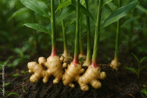 Fresh ginger rhizomes with green stalks growing in the soil