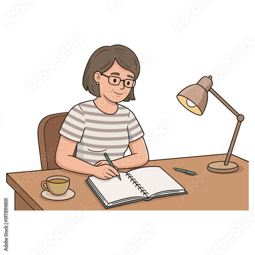 Woman sitting at desk writing in notebook with cup and lamp