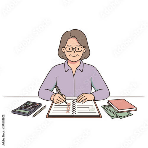 A woman sits at a desk writing in a notebook with a calculator and books