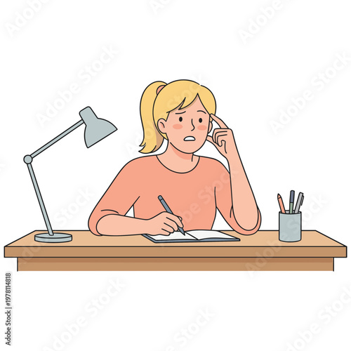 Woman sitting at desk writing with stressed expression under desk lamp