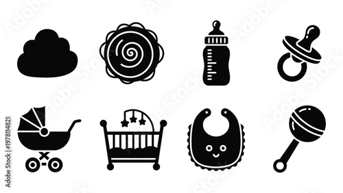 A collection of black silhouette icons depicts baby related items including a bottle rattle and stroller high quality professional detailed modern