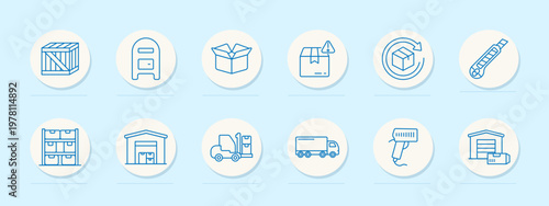 Logistics delivery warehouse set icon. Blue outline badges, wooden crate, mailbox, open box, damaged package, return box, cutter knife, storage shelves, depot building, forklift truck