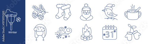 Winter set icon. Collection with street lamp snow, pine cones branch, socks, santa head, bird hat, hot drink, earflap hat, wind snowflakes, campfire, calendar thirty one, mittens.