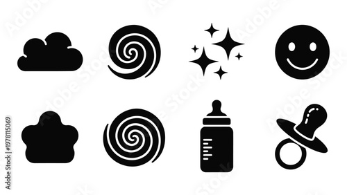 A collection of simple black silhouette icons depicting weather baby items and playful expressions high quality professional detailed modern elegant stylish