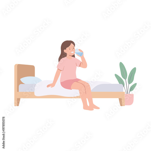 Woman sitting on bed drinking water from a glass