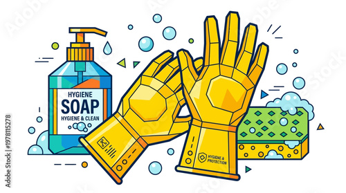 Yellow rubber protective cleaning gloves.