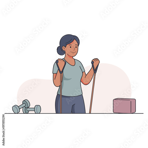 Woman prepares for fitness with resistance band and dumbbells indoors