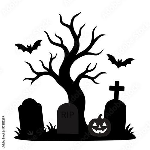 Haunting graveyard scene in silhouette, a twisted leafless tree rises among gravestones marked with RIP and a cross, while bats flying over and a jacko lantern grins eerily.