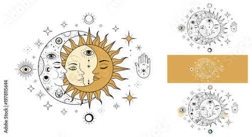 Celestial Sun and Moon Faces with Stars and Mystical Symbols